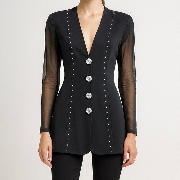 Vintage Caché Blazer Small Black Mesh Sleeves Crystal Buttons 90s Y2K Jacket - Picture 2 of 16